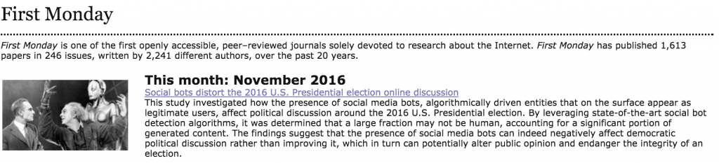 First Monday: Social bots distort the 2016 U.S. Presidential election online discussion